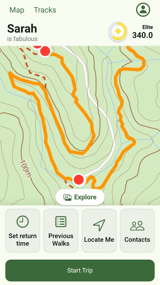 FriendsFindMe app: Walks near you on the map, with your trip controls underneath