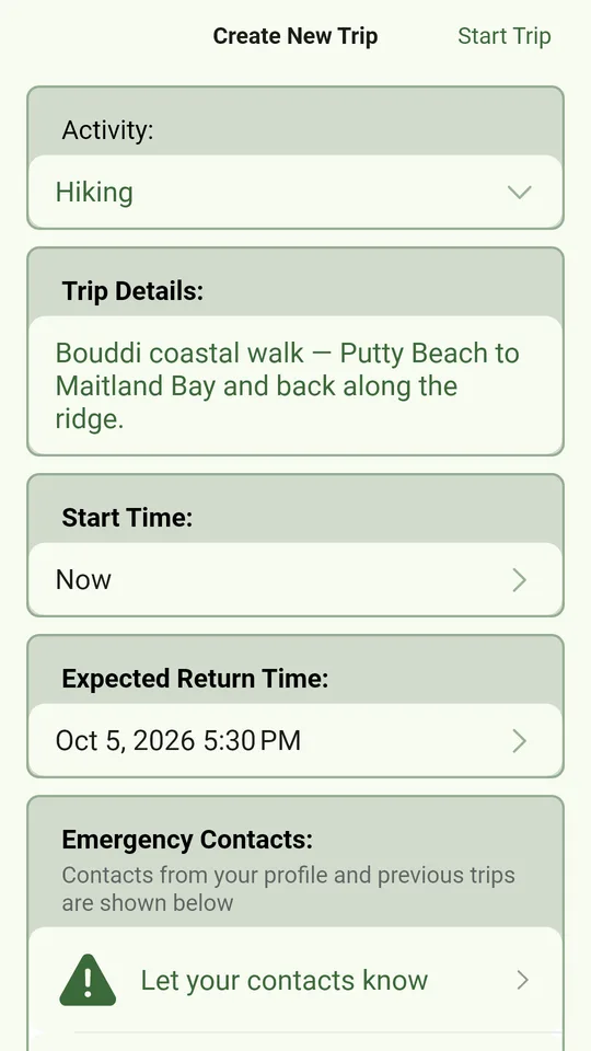 FriendsFindMe app: Start a trip: what you are doing, when you will be back and who to tell