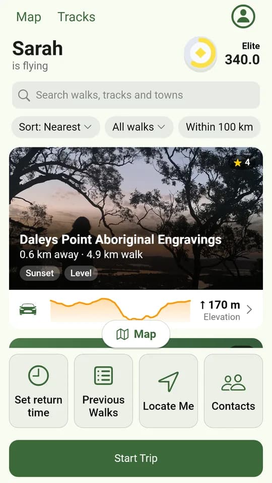 FriendsFindMe app: Explore walks by photo, with the climb and driving directions