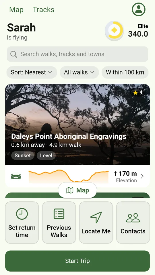The FriendsFindMe app showing walks near you, with their climb and driving directions