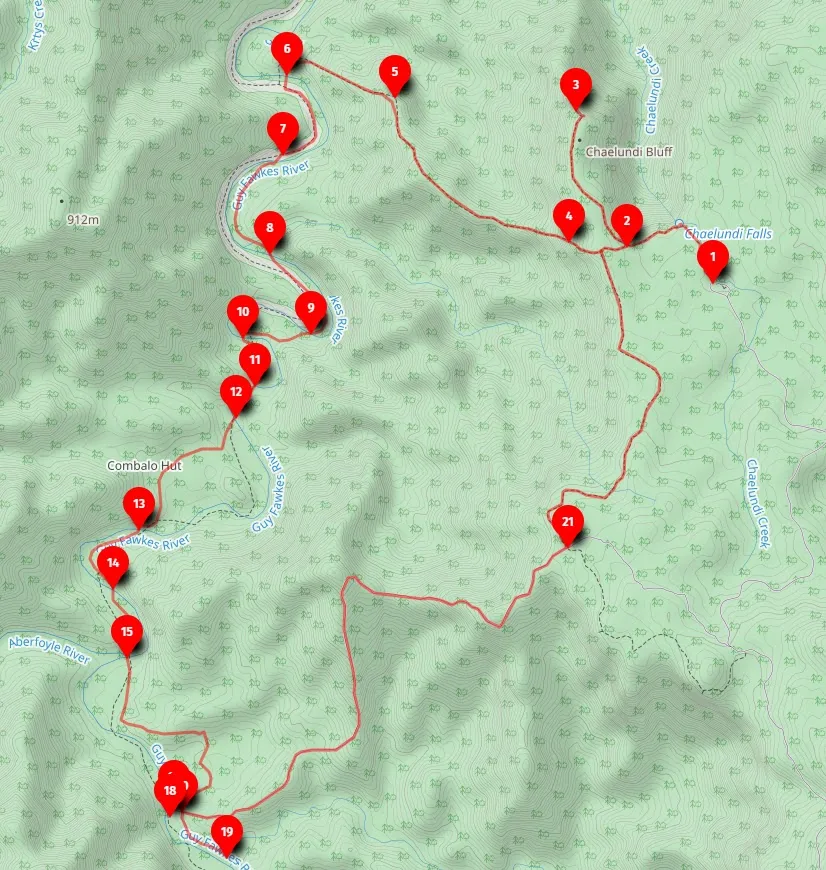 Map of Lucifers Thumb via Escarpment Track and Jordan's Track Loop